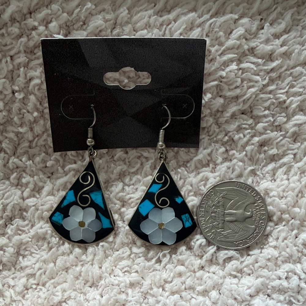 Floral Black and Blue Dangle Earrings